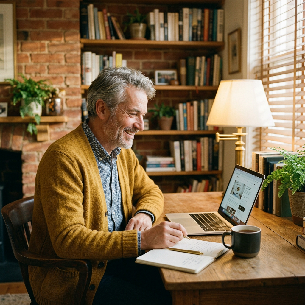 Un propriétaire souriant travaille à son bureau, devant son ordinateur portable. Image générée.
