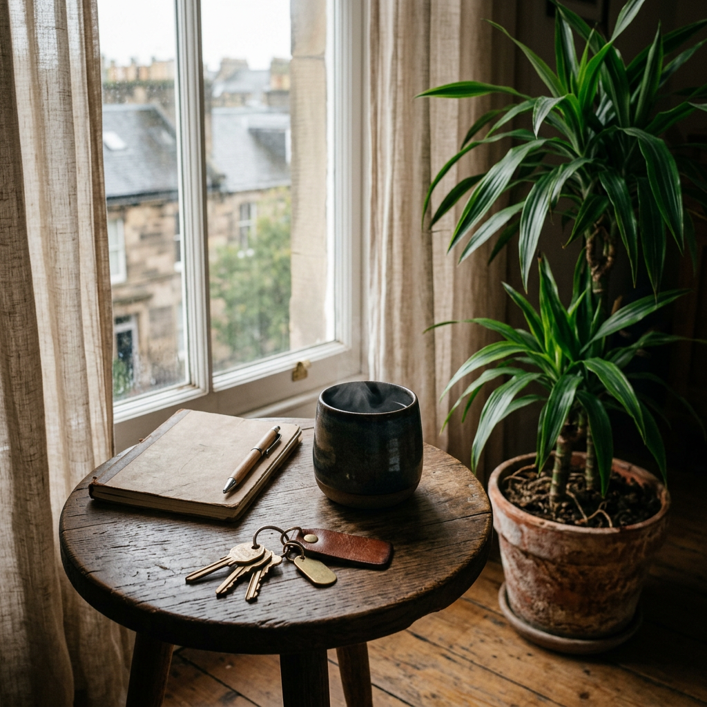 Un jeu de clés d'appartement posé sur une petite table en bois, près d'une fenêtre et d'une plante verte. Image générée.